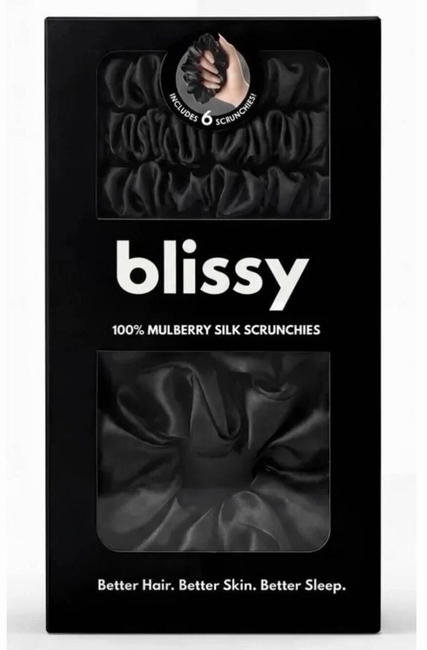 Blissy Scrunchies 100% Mulberry Silk Black 6 Pack NEW IN BOX